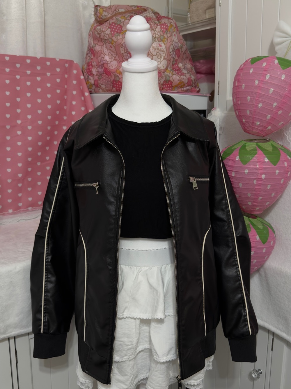 Black Faux Leather Zip-Up Jacket with White Lining Oversized Fit Baggy Outerwear